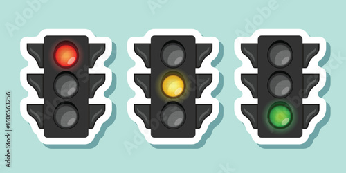 Traffic light sticker icon set collection in flat style. Stoplight vector illustration on isolated background. Semaphore sign business concept.