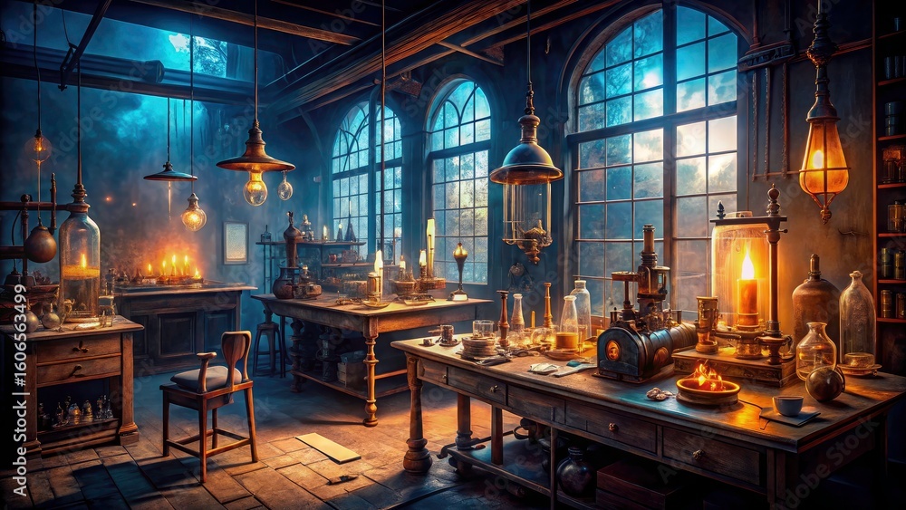Fototapeta premium Night photography captures 19th-century scientific labs, illuminating Victorian-era experimentation.