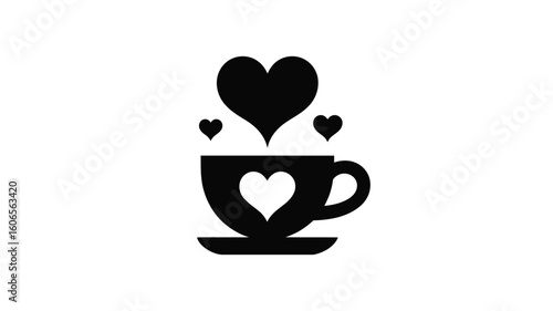 Coffee cup with hearts love and romance concept black silhouette