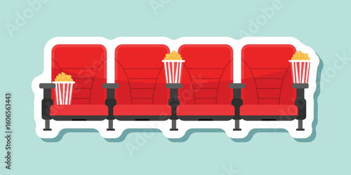 Movie seat with popcorn sticker icon in flat style. Theater armchair vector illustration on isolated background. Spectacle sign business concept.