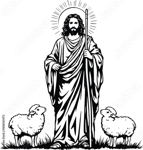 Illustration of jesus as shepherd with halo holding staff and two sheep in black and white style