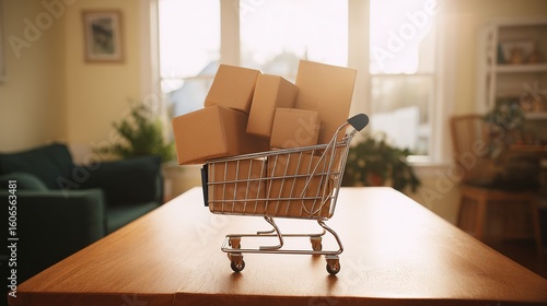 Shopping cart filled with package boxes on a wooden table with a soft overhead light.