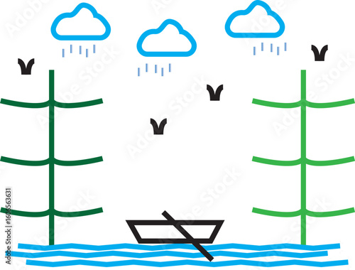 Scenic vector illustration of a rainy jungle environment with dense trees, flying birds, and a wooden boat on water, depicting peaceful rainforest nature, adventure, and wildlife atmosphere