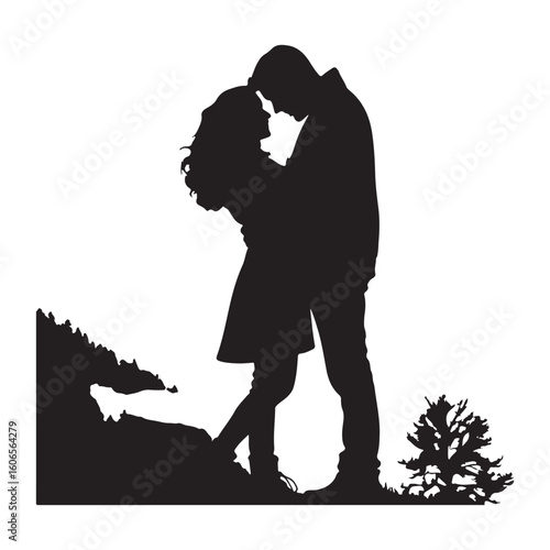 Romantic silhouette of a couple embracing with a double exposure of a forest landscape