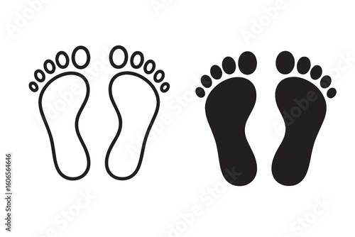 Minimalist vector artwork of two footprints in black and white, outlined in solid black, representing steps, movement, or presence with a clean and elegant composition.

