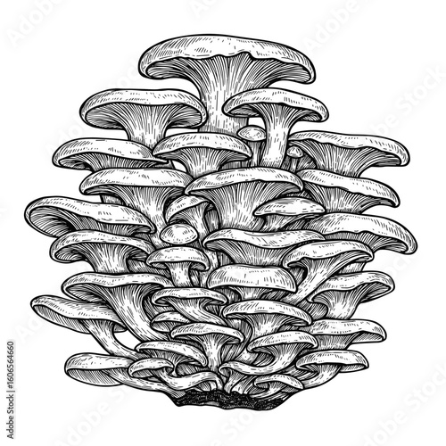 Mushroom cluster illustration in black and white detailed style  