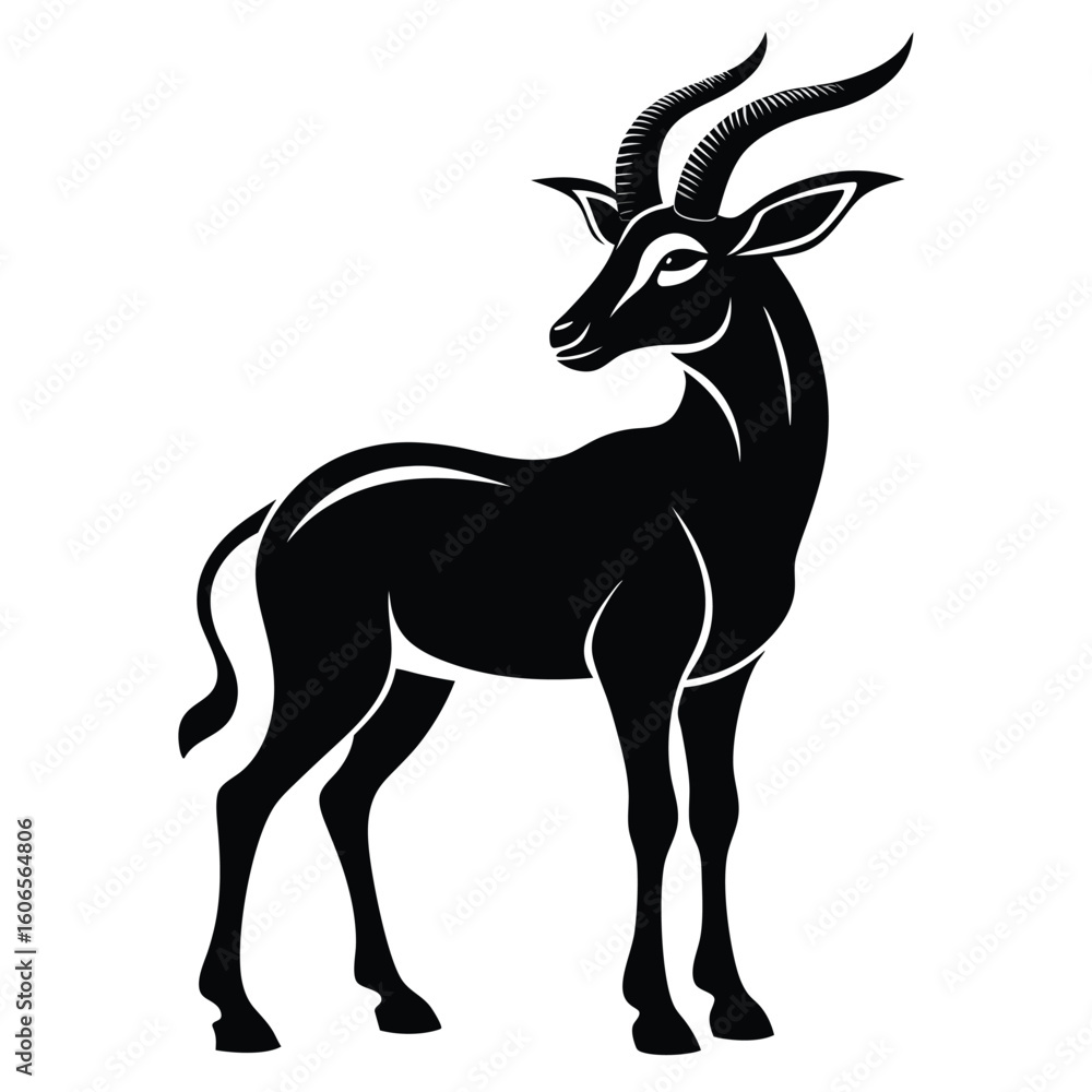 Obraz premium Majestic Sable Antelope Silhouette Staring Back Gracefully Animal Illustration Standing Proudly Mammal Art with Horns in a Striking Black and White Design