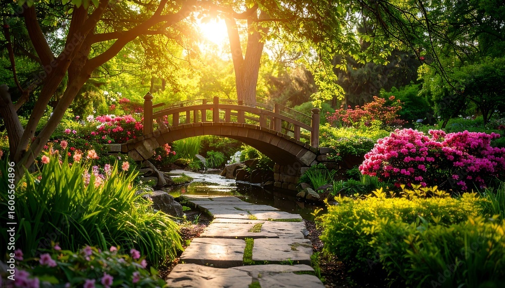 Sunlit Serenity: A Harmonious Garden Scene with Blossoms and Stone Pathway Bridge Sunlit Serenity: A Harmonious Garden Scene with Blossoms and Stone Pathway Bridge