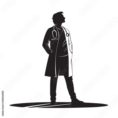 Silhouette of a confident doctor wearing a stethoscope and lab coat standing with hands in pockets