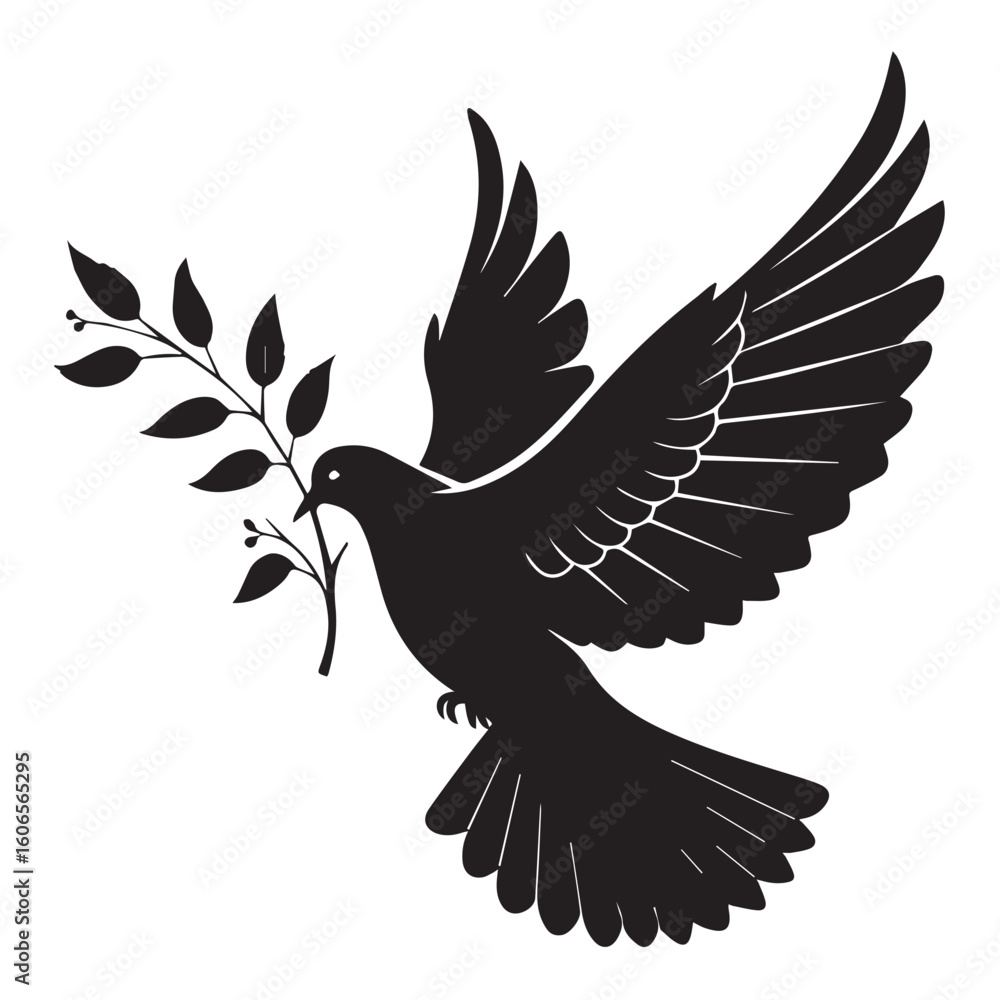 Naklejka premium Silhouette of a black dove with an olive branch in its beak flying against a white background
