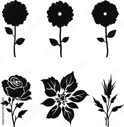 A collection of six black flower silhouettes including roses and other floral arrangements on white