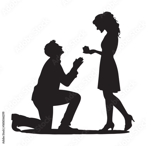 Silhouette of a man proposing marriage on one knee to a woman holding a ring box