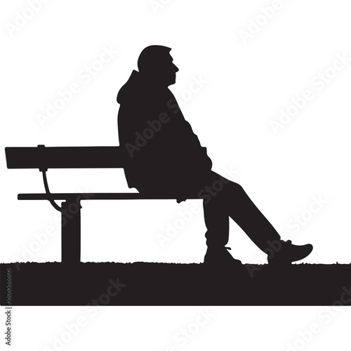 Silhouette of a man sitting alone on a park bench against a bright white background