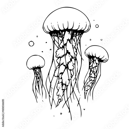 Three jellyfish floating in water with long tentacles in a black and white drawing style illustration