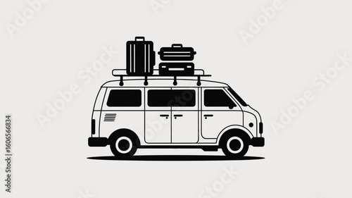 Retro Van with Luggage on Top Black and White Illustration