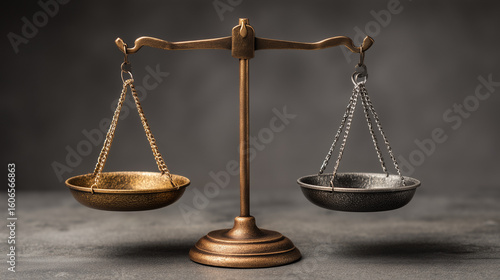 Balanced Scales of Justice with Gold and Silver Pans in Dark Background