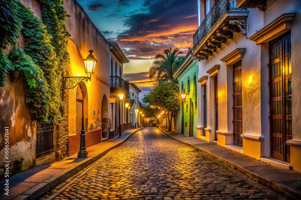 Obraz premium Night photography reveals the colonial zone's magic: historic Dominican Republic buildings bathed in low light, capturing old-city charm.