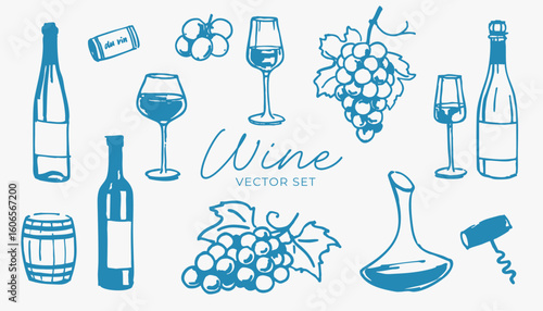 Wine-related hand-drawn elements. Vector illustration set on white background. Winemaking and wine tasting concept