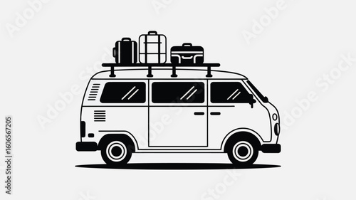 Retro Camper Van with Luggage on Top in Black and White