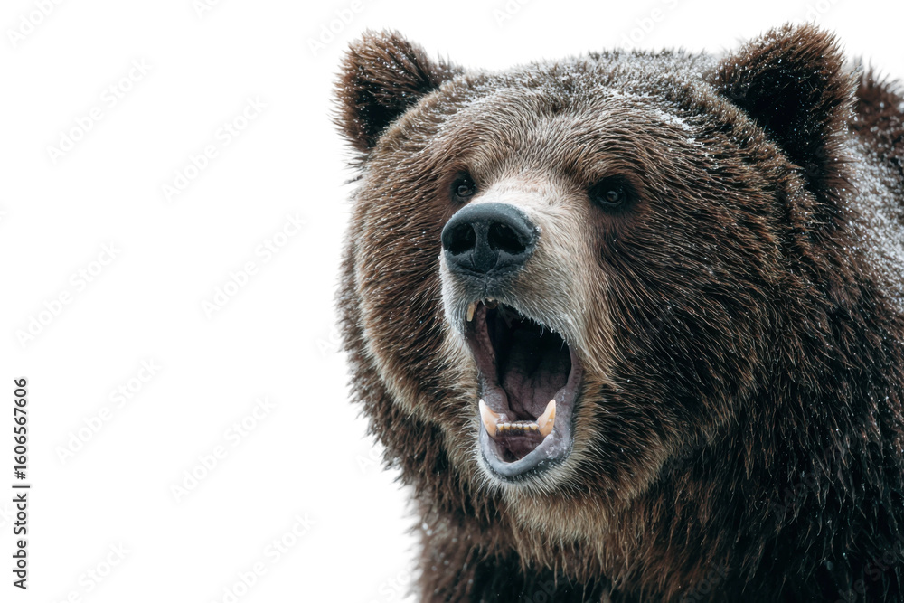 Fototapeta premium Roaring grizzly bear in snowy wilderness wildlife photography. Isolated on transparent background, png.