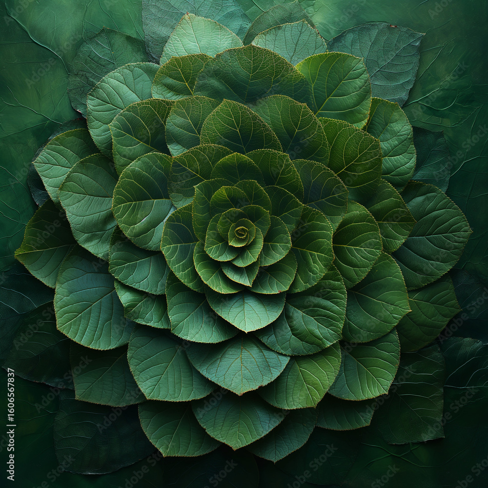 Fototapeta premium Concentric Green Leaves: Nature's Perfect Symmetry Forming a Stunning Floral Pattern.