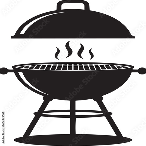 A black and white illustration of a barbecue grill with smoke and a lid slightly raised above it