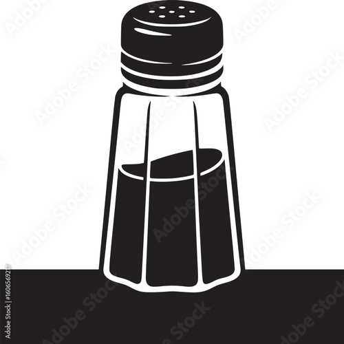 A black and white graphic illustration of a pepper shaker with a perforated top on a table surface