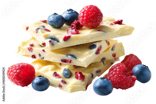 On transparent background a stack of white chocolate bars is artfully topped with fresh raspberries and