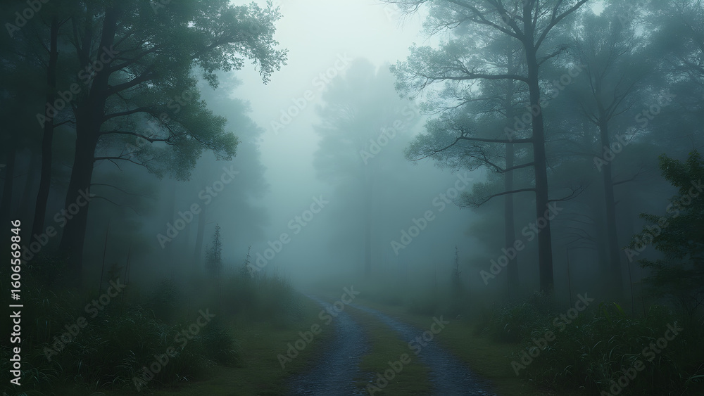 Fototapeta premium Foggy forest beauty. Haunting fog in woods. Ultra realistic fog landscape. Mystical forest fog photography.