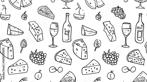 Seamless pattern of cheese wedges wine glasses and grapes in black and white doodle style illustration
