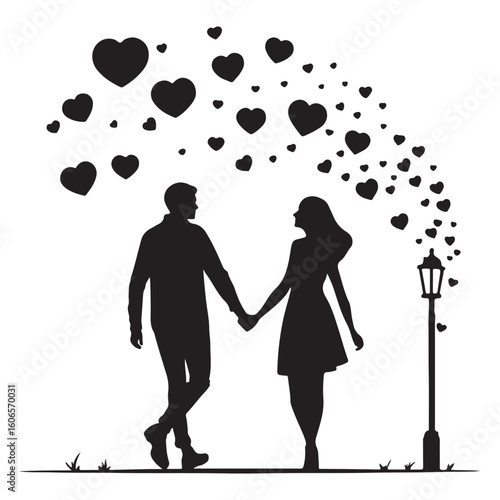 Silhouetted couple walking hand in hand under a shower of hearts on a romantic evening