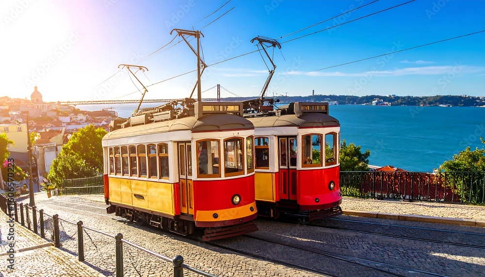 Naklejka premium Tram cars on a hillside overlooking a city