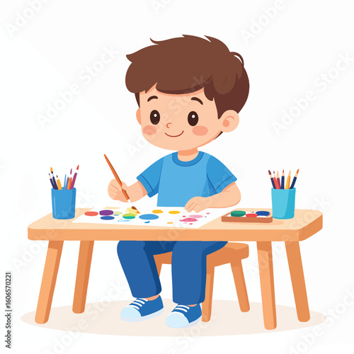 A young boy is happily painting at a small wooden table, creating art.