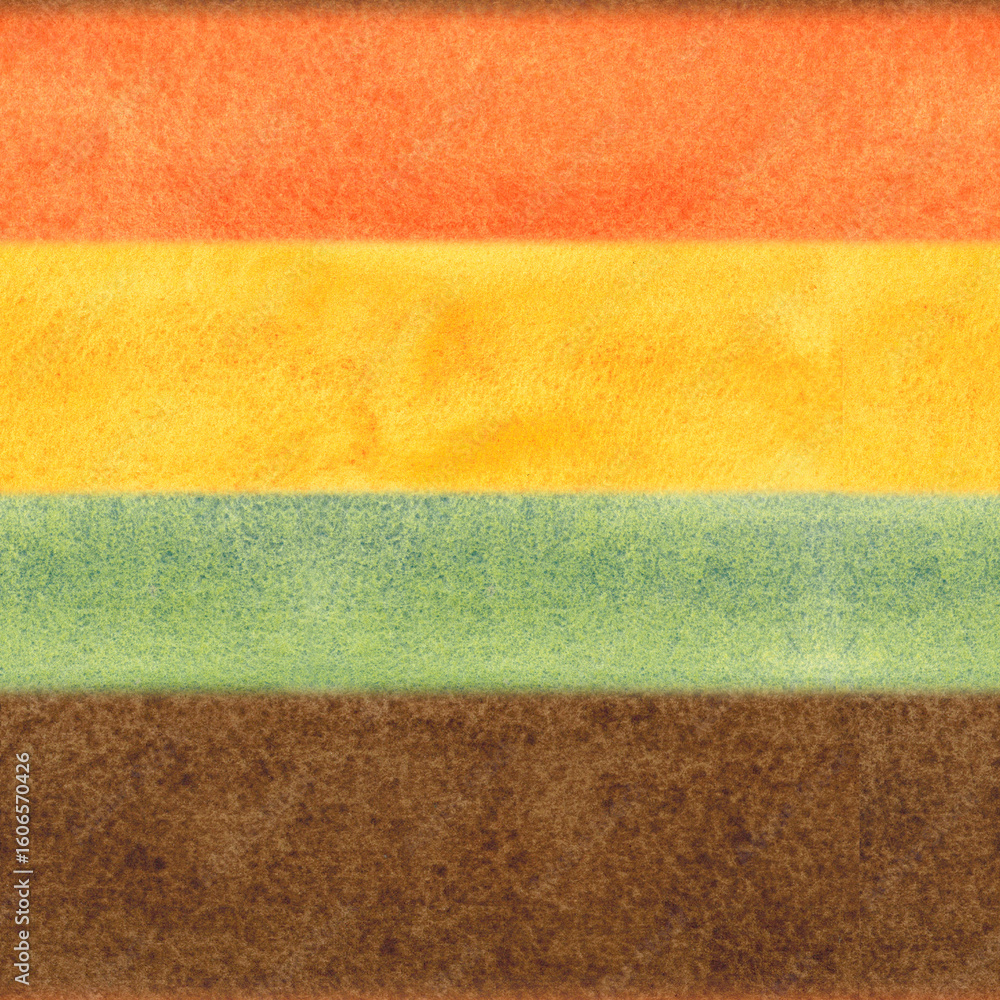 Fototapeta premium Seamless background pattern of green, yellow, orange and brown colors. Watercolor illustration hand-drawn with brushes, textured. Drawing for background, cards, textile, paper. Color, brush, texture
