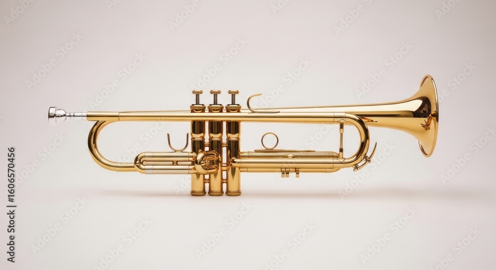 Obraz premium Gleaming brass trumpet with valves, mouthpiece, and bell on neutral backdrop