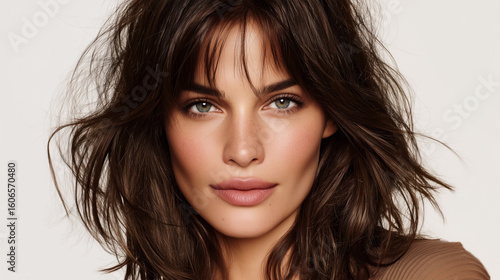 Young Woman with Wavy Brown Hair and Natural Makeup Looking Confidently