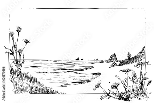A beach scene with ocean waves, rocks, vegetation and a simple frame in a black and white drawing