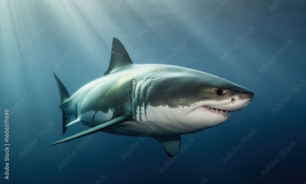 Fototapeta premium Great white shark swimming in sunlit deep blue ocean water