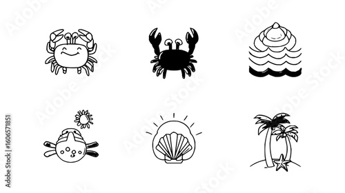 Collection of beach themed doodles featuring crabs, seashell, fish, waves and palm trees in black and white