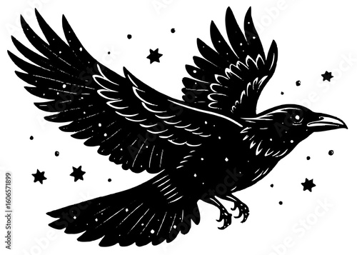 Black raven in flight surrounded by stars and dots