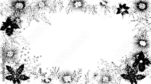 Black and white floral frame with poinsettias and spiky flowers creating a border around a blank space