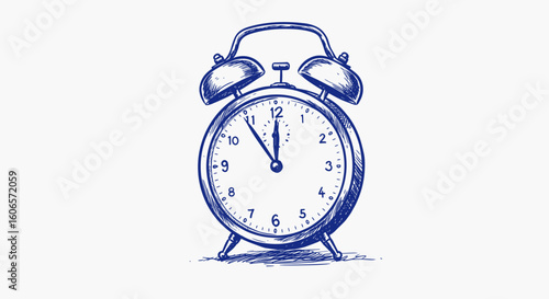Blue ballpoint pen doodle classic alarm clock, hand-drawn sketch isolated on white for design projects

