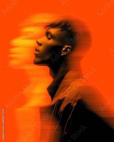 Young Man Profile with Intense Orange Motion Blur, Expressing Modernity, Digital Art, and Forward-Thinking Concepts for Creative Projects