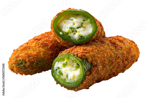 Three breaded and fried jalapeno poppers stuffed with cheese, isolated on white on transparent background