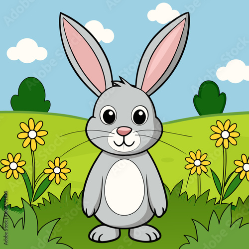 Cute cartoon bunny in a sunny meadow with yellow flowers