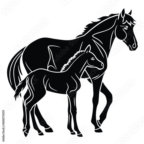 Elegant Silhouette of a Mare and Foal A Heartwarming Illustration of Equine Love and Nurturing Motherhood