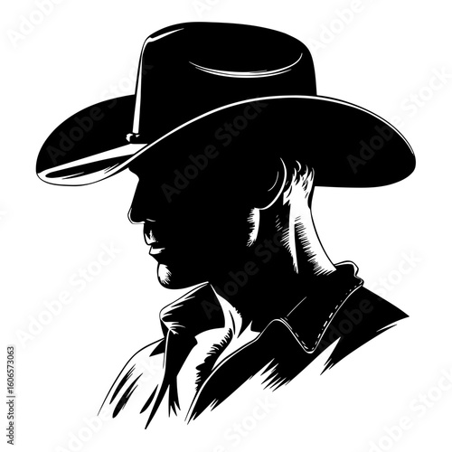 Vector Silhouette Illustration of Side Profile face Cowboy isolated on white