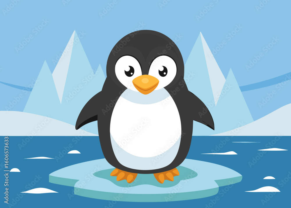 Obraz premium Cute cartoon penguin standing on an ice floe in the ocean