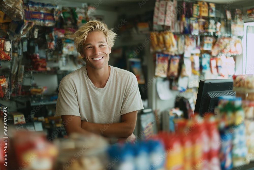 Fototapeta premium Friendly cashier in a brightly lit convenience store, surrounded by colorful snacks and essential items, ready to assist.