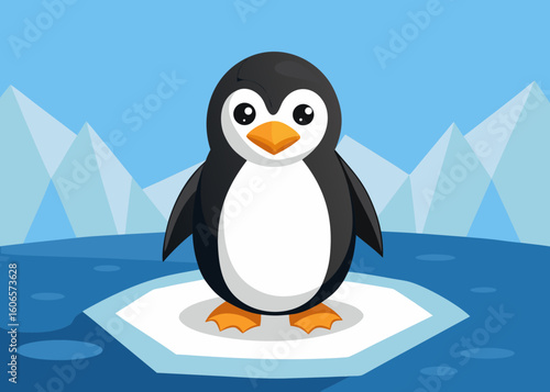 Cute cartoon penguin standing on an ice floe in the ocean